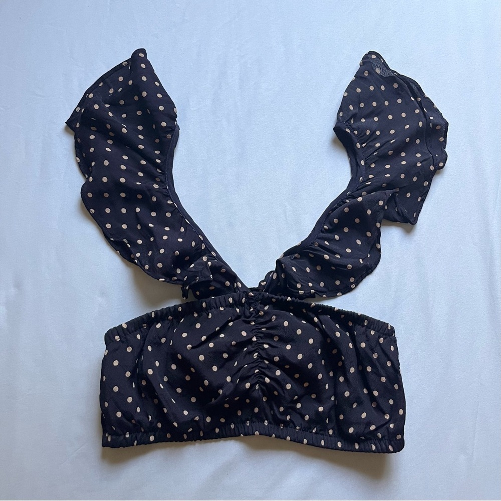 FOR LOVE AND LEMONS navy blue tan dot rayon ruffle cropped tank top